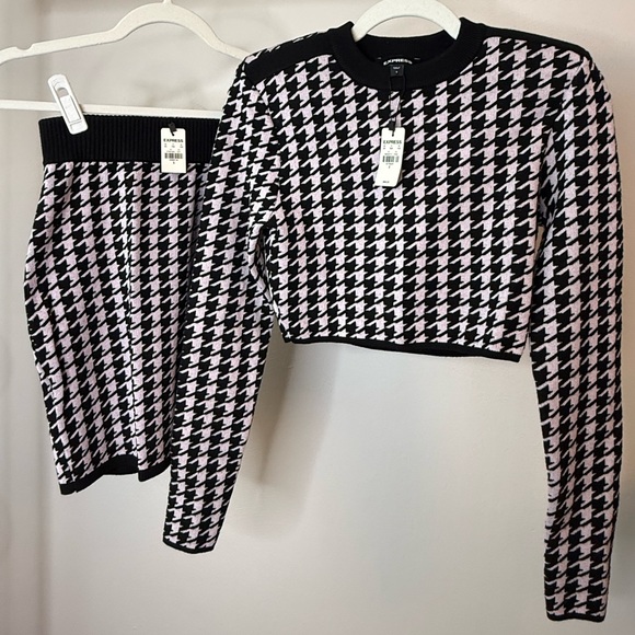 Express Tops - Express Pink & Black Houndstooth Cropped Cardigan Set - Express